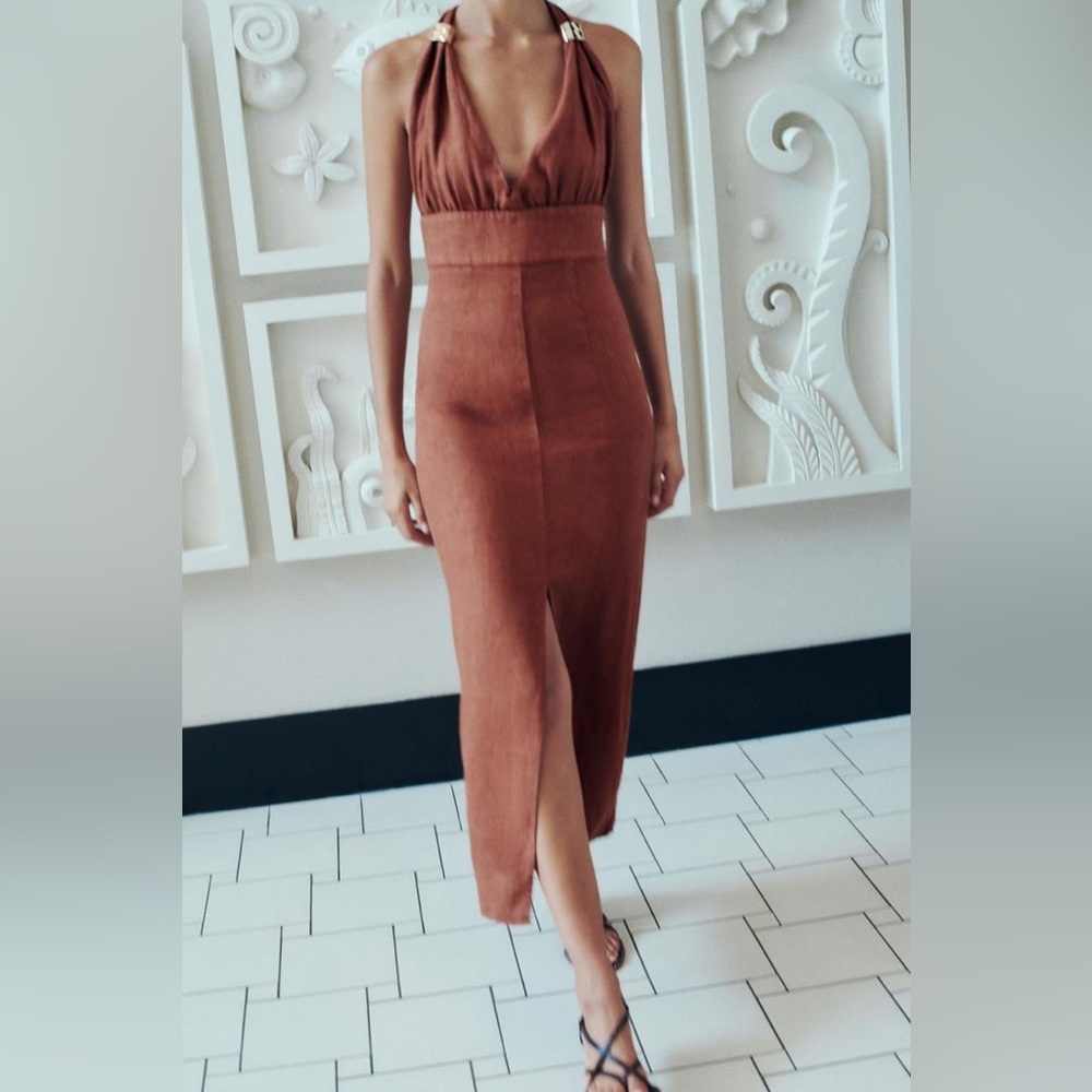 ZARA Linen Midi Dress Gold Detail Front Slit Terra Cotta S